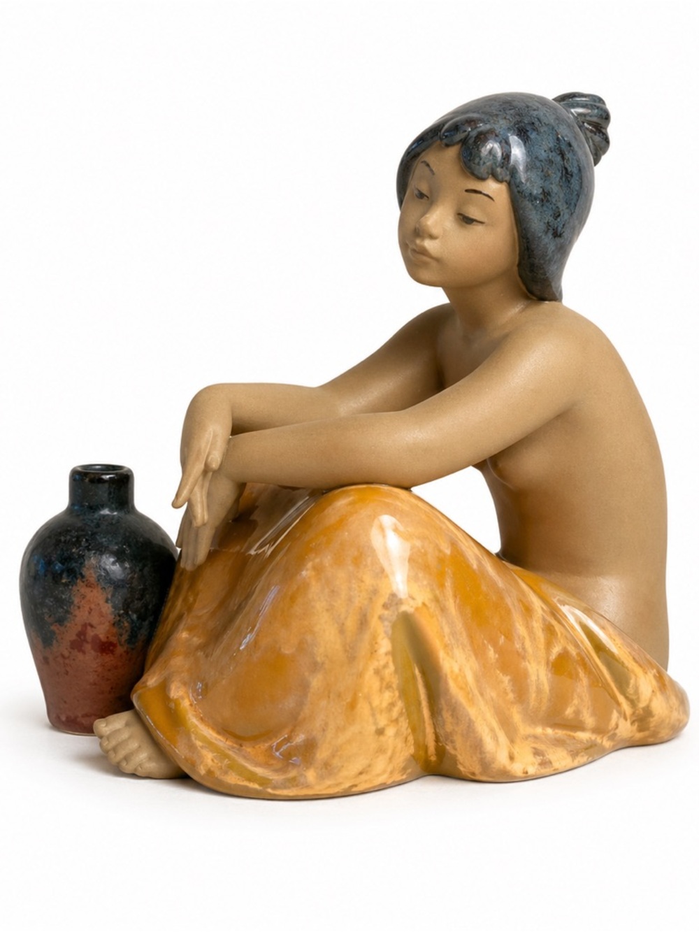 Vintage 1984 Lladró Gres Figurine - Sitting Girl with Vase - Retired #E-20F